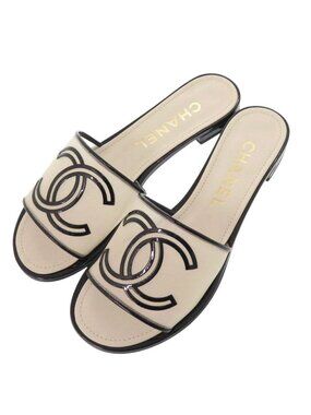Chanel CC Flat Sandals 36 Patent Leather Mesh Ivory Black Mules